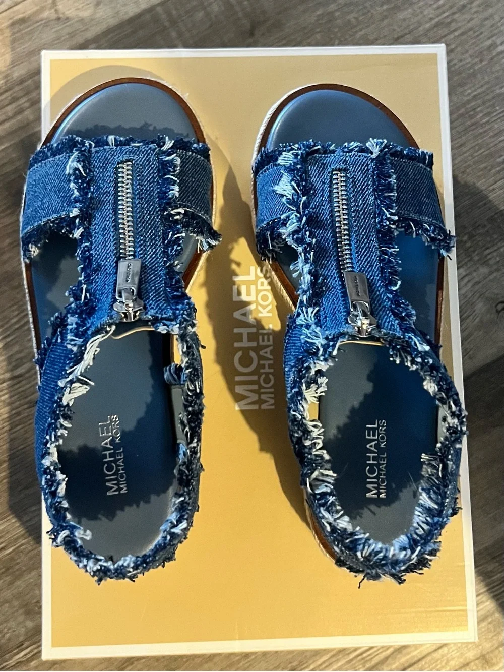 Michael Kors Blue Frayed Denim Espadrille Sandals with Front Zipper